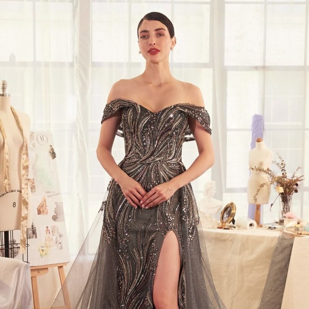 NEW FORMAL OFF SHOULDER MAXI SEQUINS EMBELLISHED GOWN W/ OVERSKIRT CD A1375